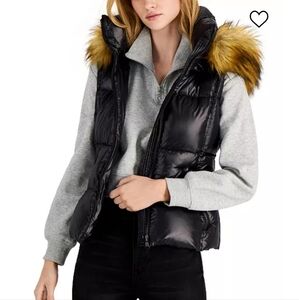 S13 New York Snowcat Faux Fur Trim Hooded Down Puffer Vest Jet/Natural